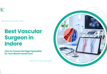 Best Vascular Surgeon in Indore: How to Choose the Right Specialist for Your Blood Vessel Care Tablet displaying leg arteries and veins beside a stethoscope, vascular ultrasound monitor and blood vessel illustration.