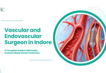 Vascular and Endovascular Surgeon in Indore Artery cutaway illustrations showing blood cells and a balloon catheter with a mesh stent inside a narrowed artery.