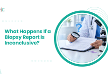 What Happens If a Biopsy Report Is Inconclusive? Doctor reviewing a biopsy report beside a microscope, with a blue question mark representing uncertainty.