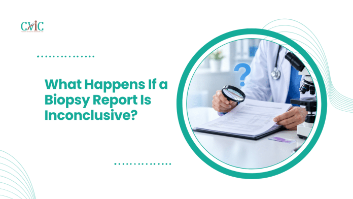 Doctor reviewing a biopsy report beside a microscope, with a blue question mark representing uncertainty.